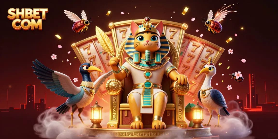 Spin the reels at SHBET COM with a vibrant 3D casino scene showcasing a pharaoh cat and lively game elements.