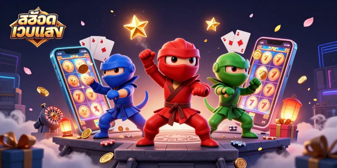Experience สล็อตเว็บตรง excitement with 3D ninja chameleons amidst vibrant casino elements.