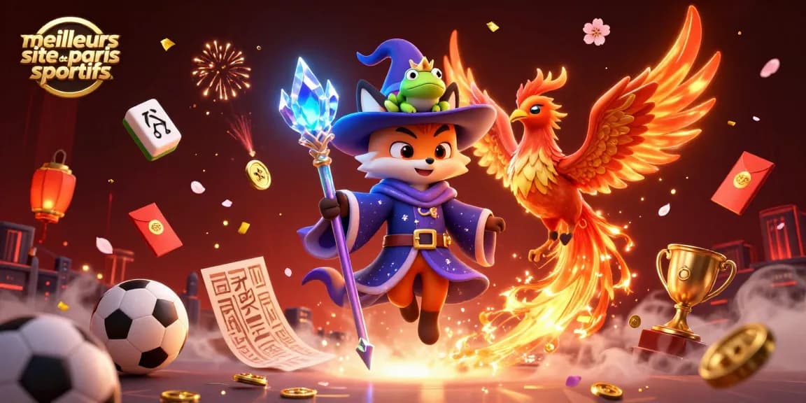Meilleurs site de paris sportifs : mise en scène colorée avec un fox sorcier, un phénix et éléments de paris sportifs.