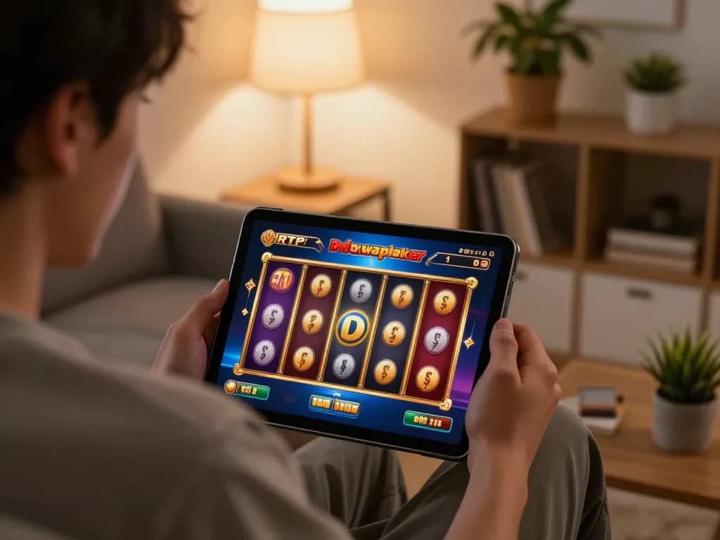 Engaging with RTP Dewapoker online slot games in a cozy living room setting.