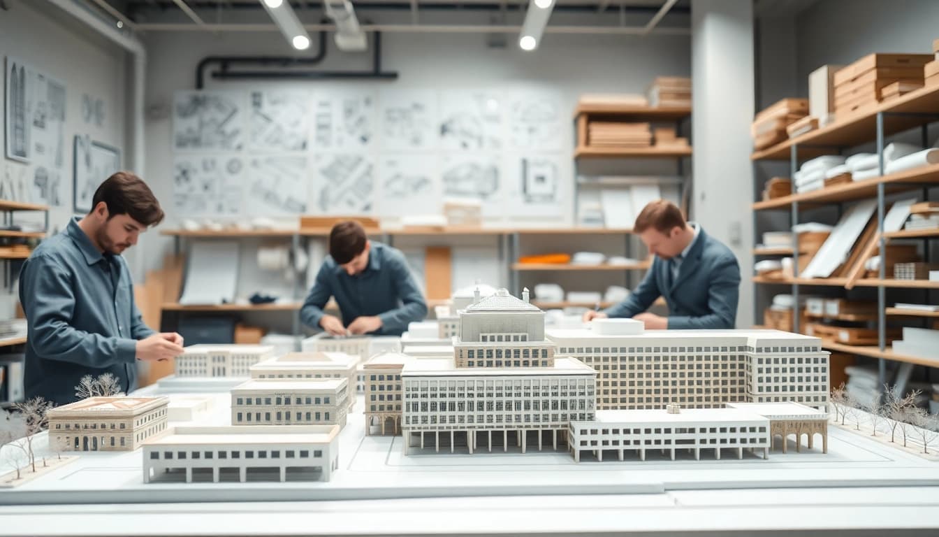 Architekturmodellbau Kassel: Detailreiche Modelle in einem modernen Atelier zeigen präzises Handwerk.