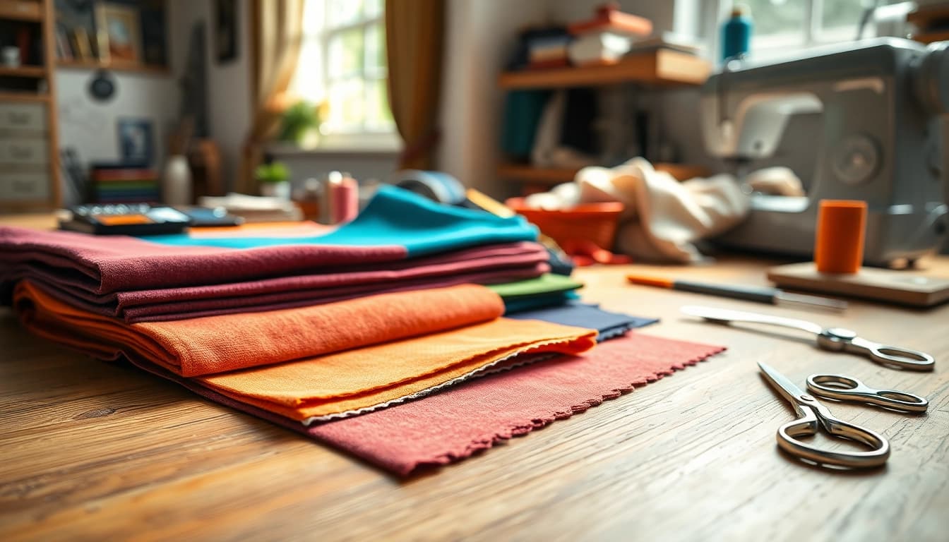 Kant stof voor kleding in verschillende kleuren op een werktafel van een naaister, met naaimaterialen.