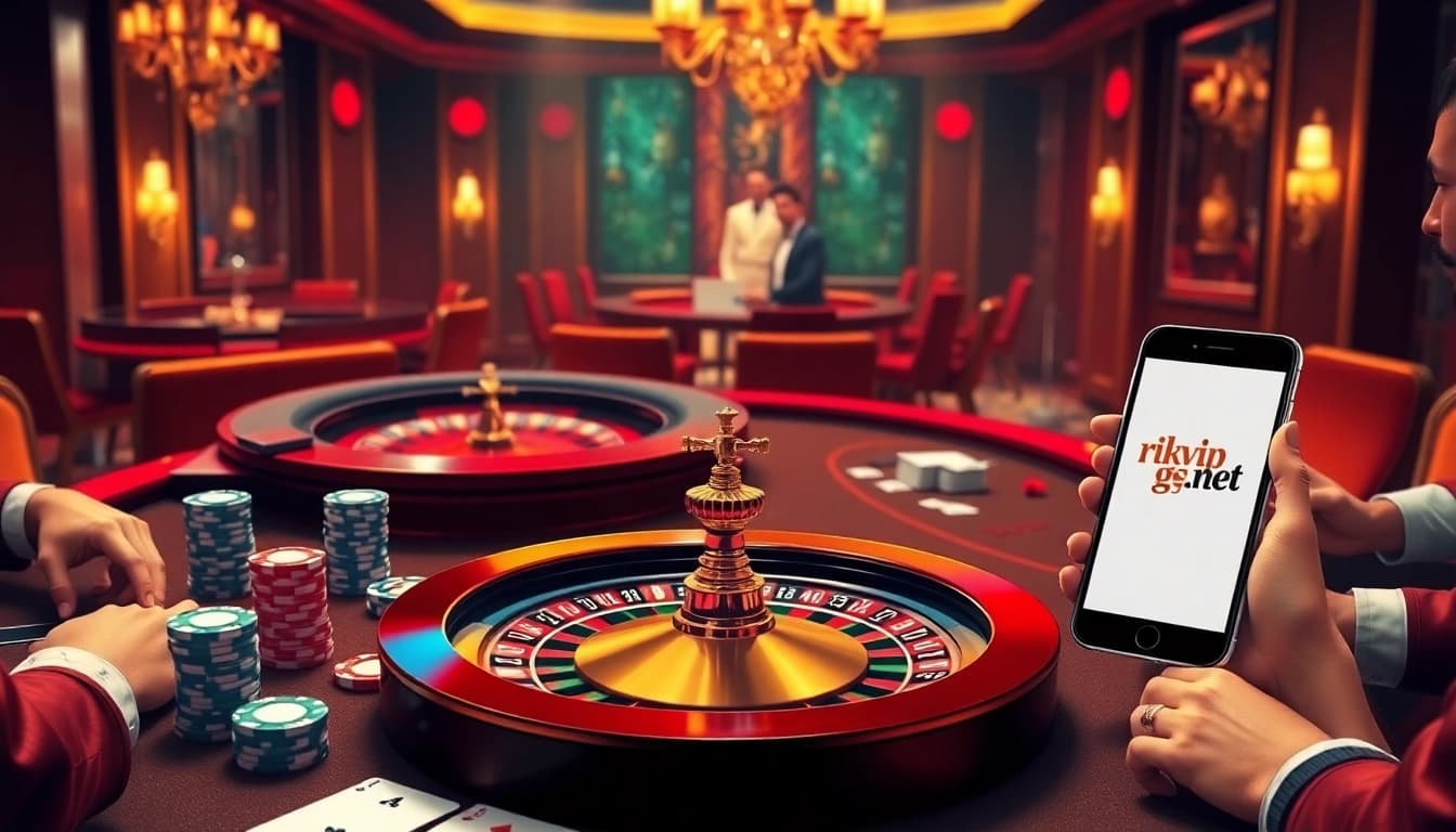 Players enjoying a high-stakes game at an upscale casino featuring rikvip.gb.net on a smartphone.