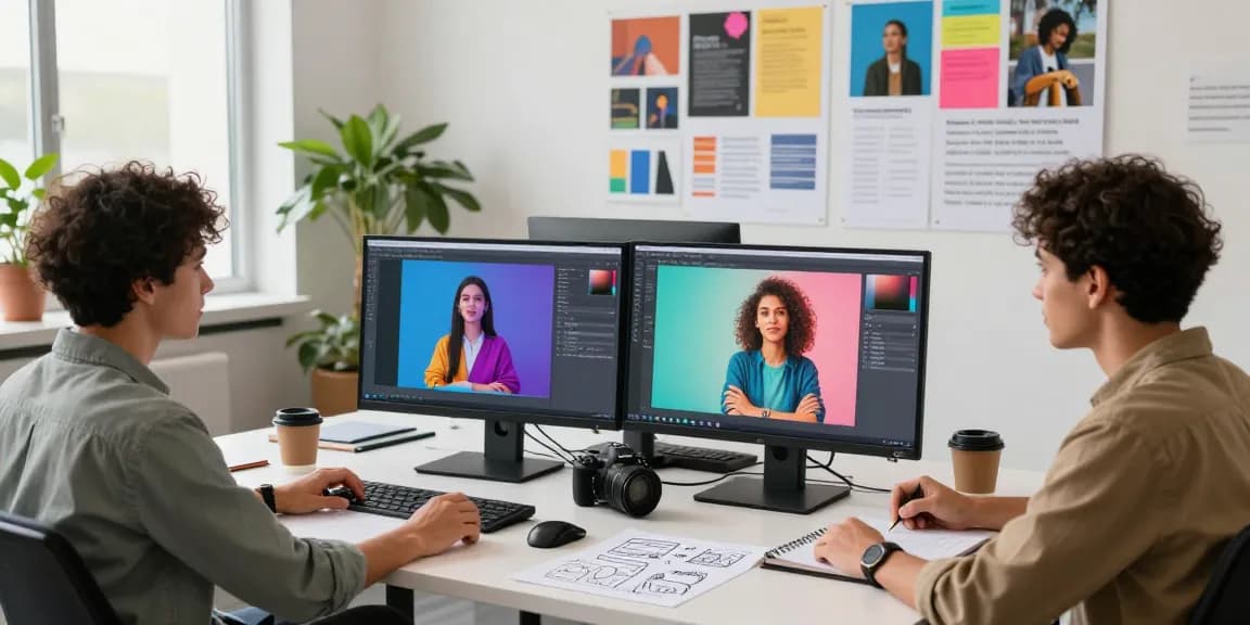 Team of designers using nano banana 2 AI editor for collaborative creative projects in a vibrant workspace.