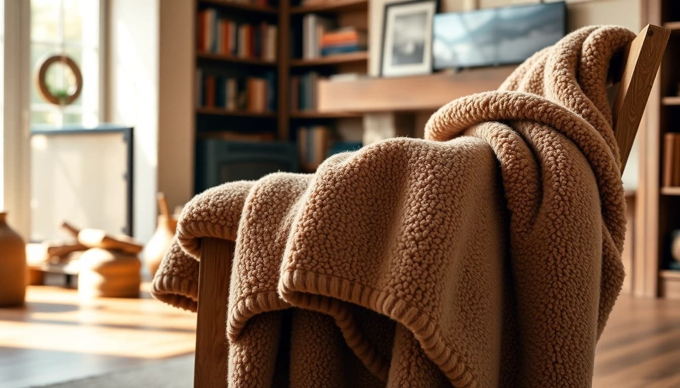 Fleece deken mooi opgesteld op een houten stoel in een knusse woonkamer.