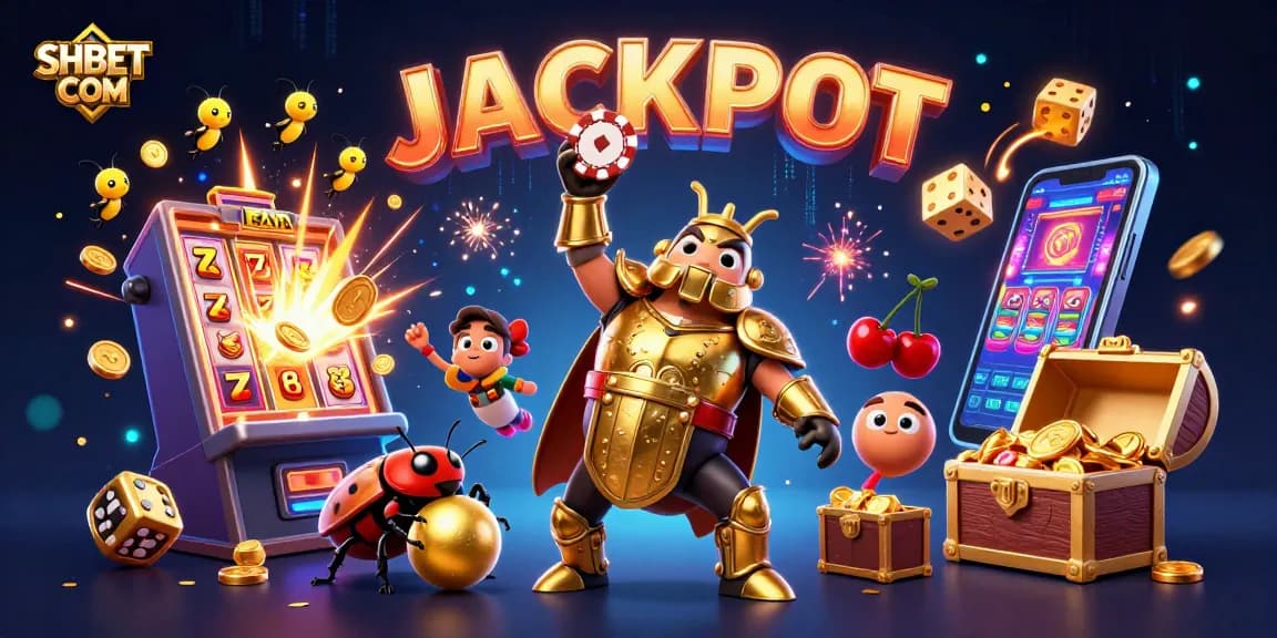 Experience a thrilling jackpot moment at SHBET COM with vibrant casino elements and unique characters.