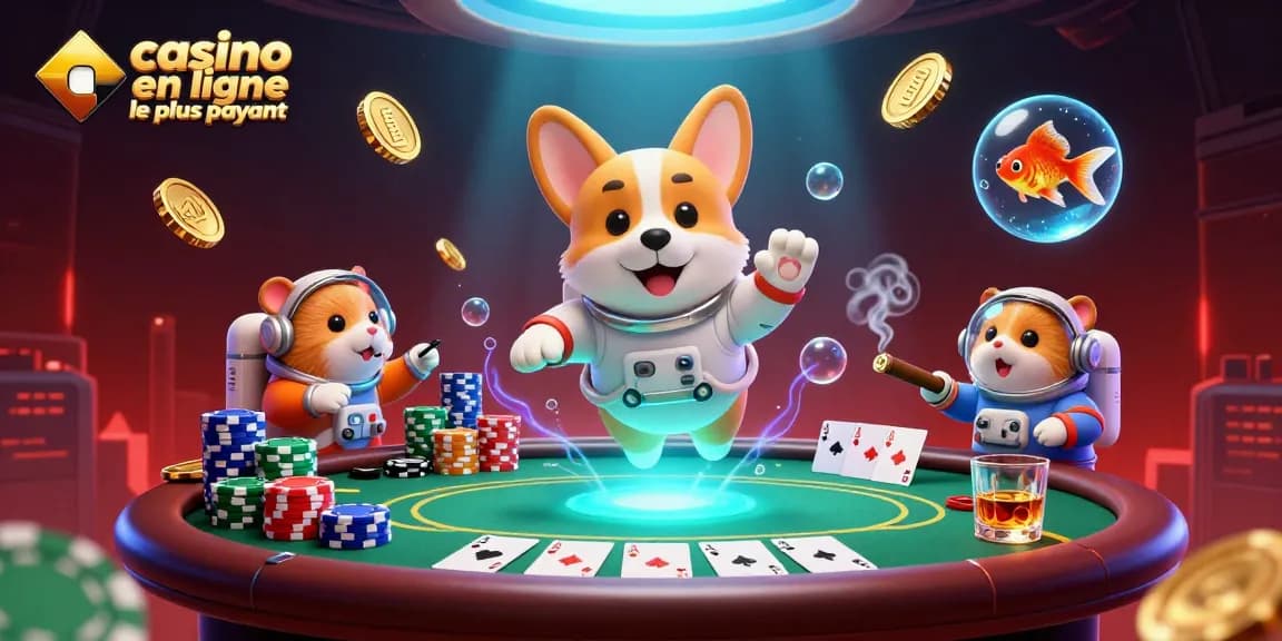 Casino en ligne le plus payant, ambiance animée d'un casino spatial avec un corgi astronaute.