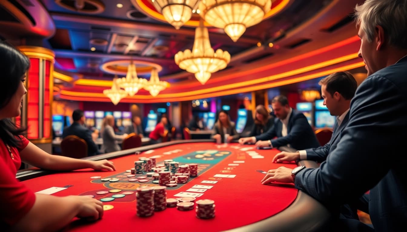 Neue casino bonus ohne einzahlung: Spieler genießen aufregende Casino-Spiele in einer lebhaften und eleganten Umgebung.