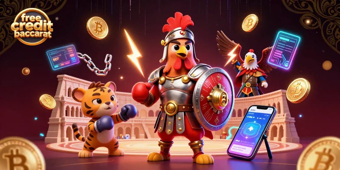 Engage in free credit baccarat with a dynamic scene featuring a gladiator rooster and vibrant casino elements.