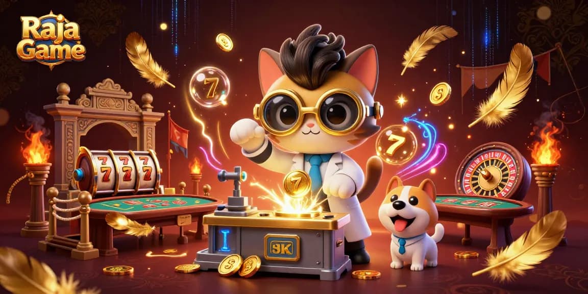 Raja Game features an engaging scene with a mad scientist cat creating gold coins amid casino themes.