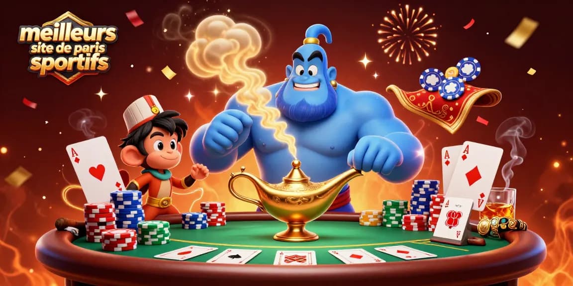 Les meilleurs sites de paris sportifs illustrés avec un génie, un singe et des jetons de poker.