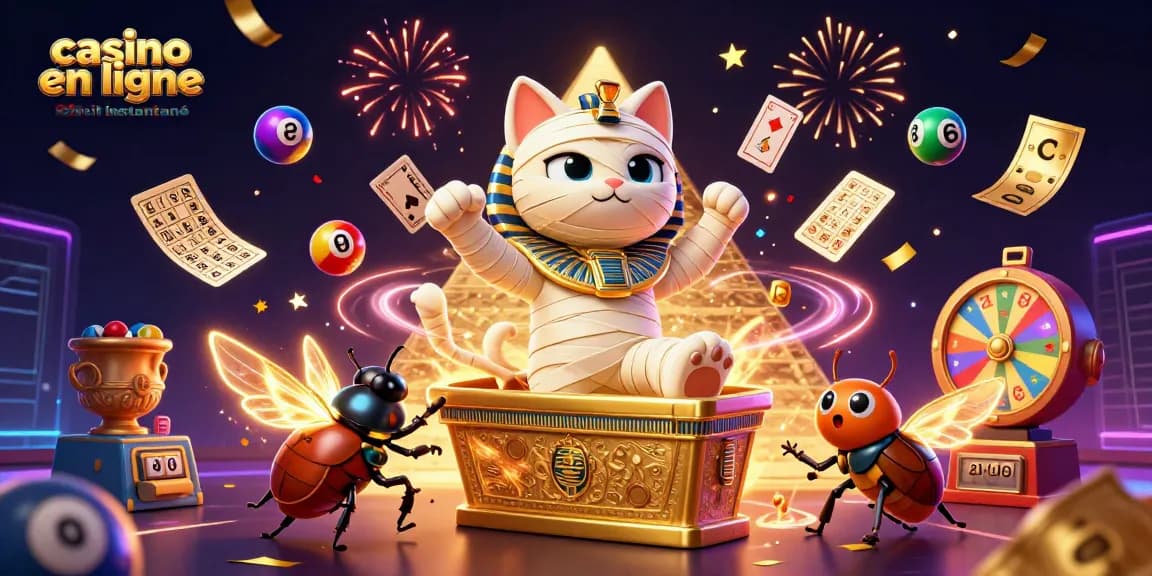 Les jeux de casino en ligne retrait instantané s'animent autour d'un chat momie égyptien et d'un scarabée brillants.