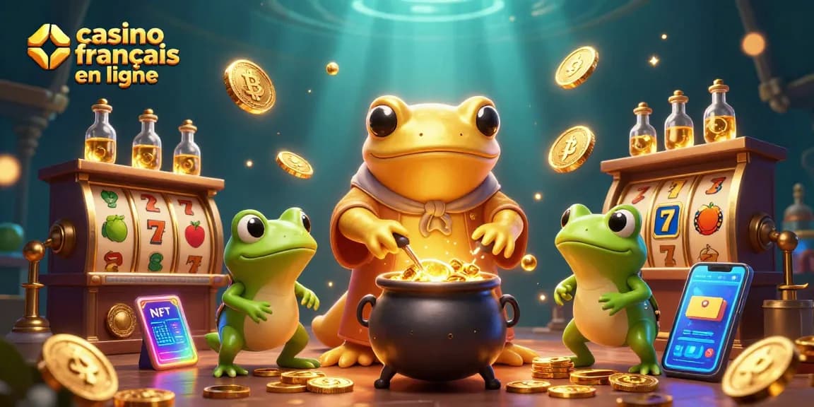 Visualisez le casino français en ligne avec une illustration 3D captivante d’un alchimiste et de joyaux de jeu.