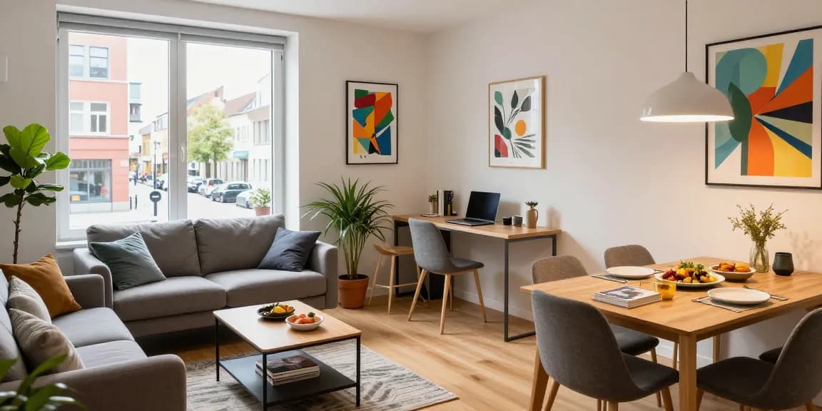 Bequeme Monteurzimmer Hannover für Geschäftsreisende mit einem gemütlichen Wohnbereich und Arbeitsplatz.
