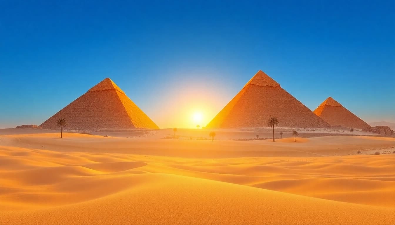 A breathtaking view of piraminds at sunrise, showcasing their monumental presence against a golden sky.
