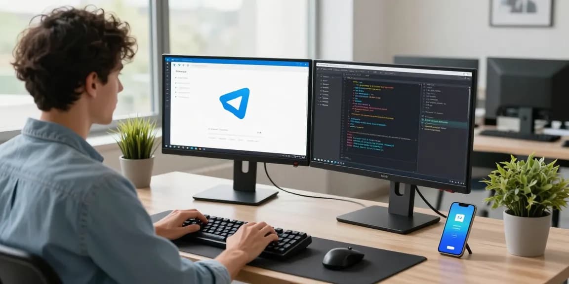 Explore the Telegram interface on dual monitors in a modern workspace, emphasizing the 纸飞机中文版 features for effective communication.