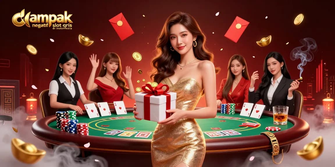 Experience the dampak negatif slot qris di indonesia with vibrant casino elements and rich 3D illustration featuring a glamorous Asian woman amidst poker gameplay.