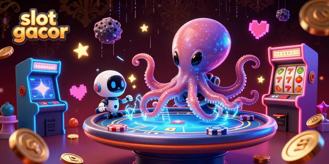 Menangkan slot gacor di luar angkasa dengan alien octopus ceria dan robot pintar dalam ilustrasi kasino.
