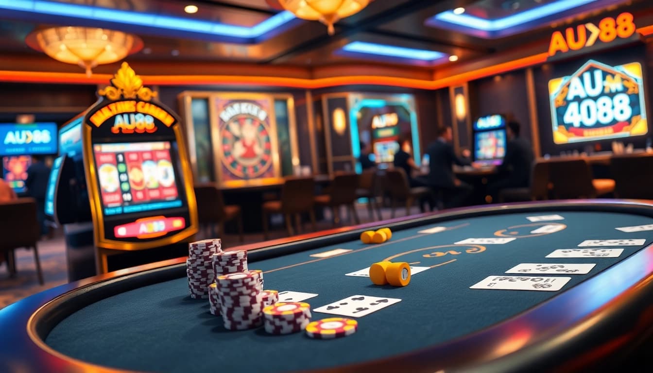 Experience AU88's thrilling ambiance at a luxury casino with poker chips and slot machines.
