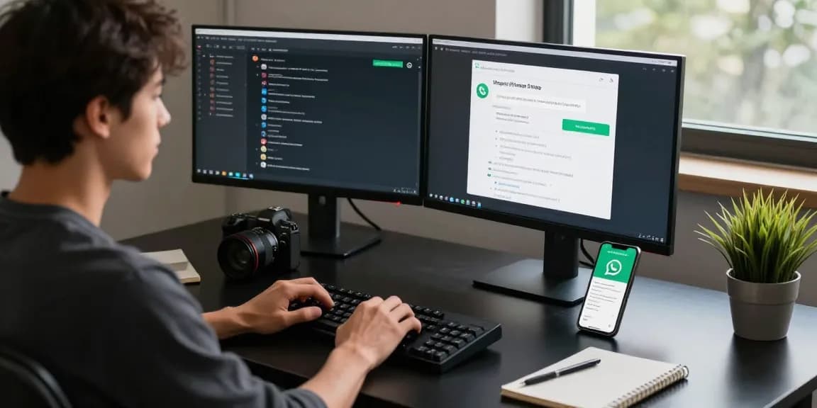 Engaged user managing WhatsApp電腦版 on dual monitors in a modern workspace