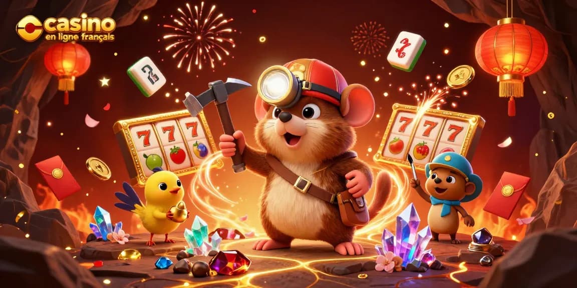 Jouez au casino en ligne français avec ce mignon taupe mineur et son canari, entourés de jackpots étincelants.