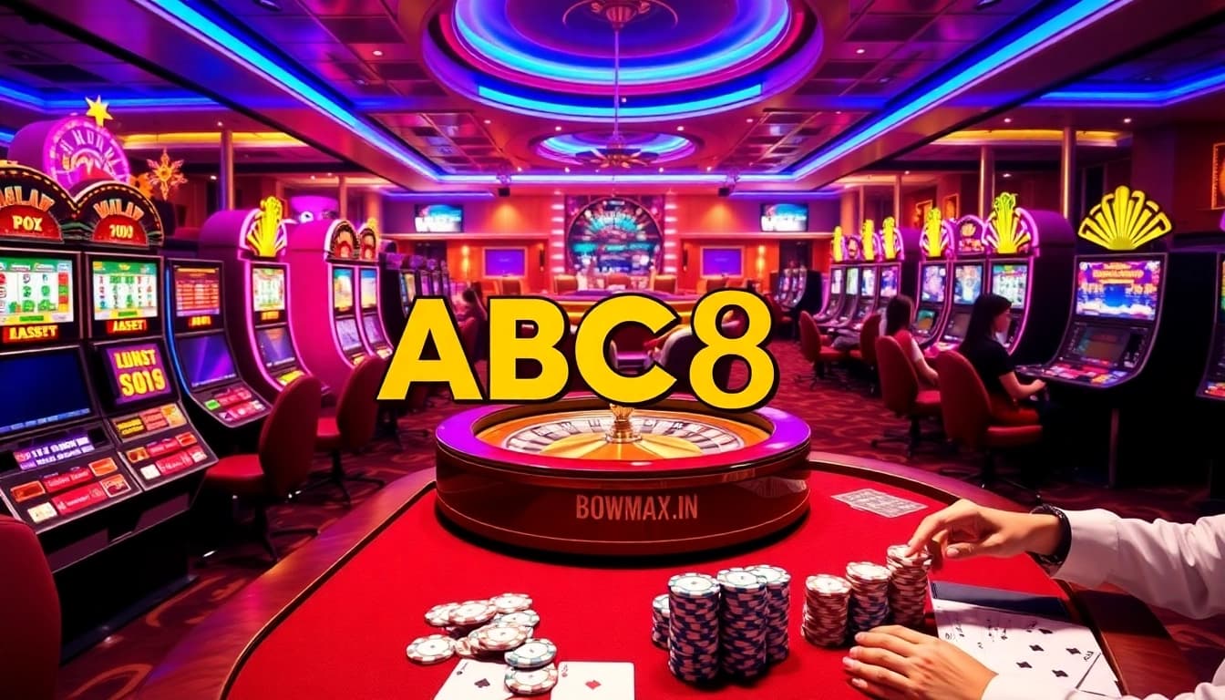 Experience thrilling gaming at ABC8 with vibrant slot machines and an exciting roulette wheel.