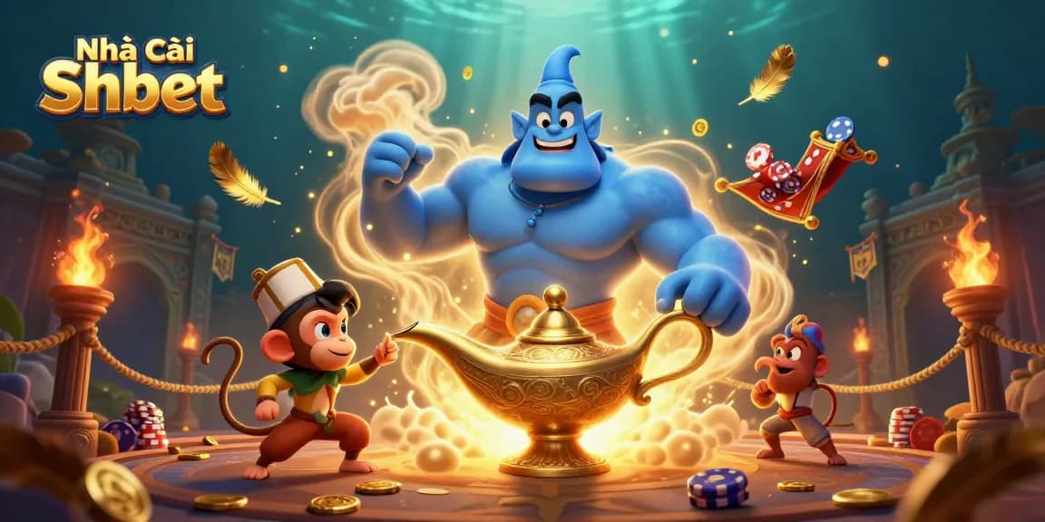 Engage with Nhà cái Shbet's vibrant 3D casino magic featuring a genie and poker chips.