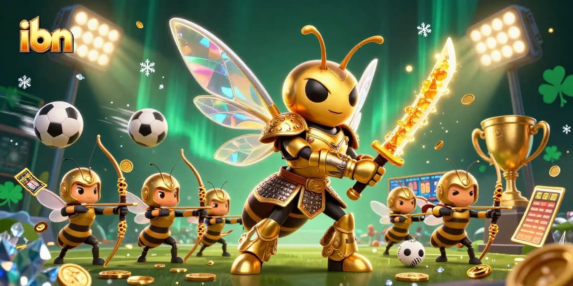 Engage with ibn's 3D illustration of a giant hornet and allies amidst dynamic sports elements.