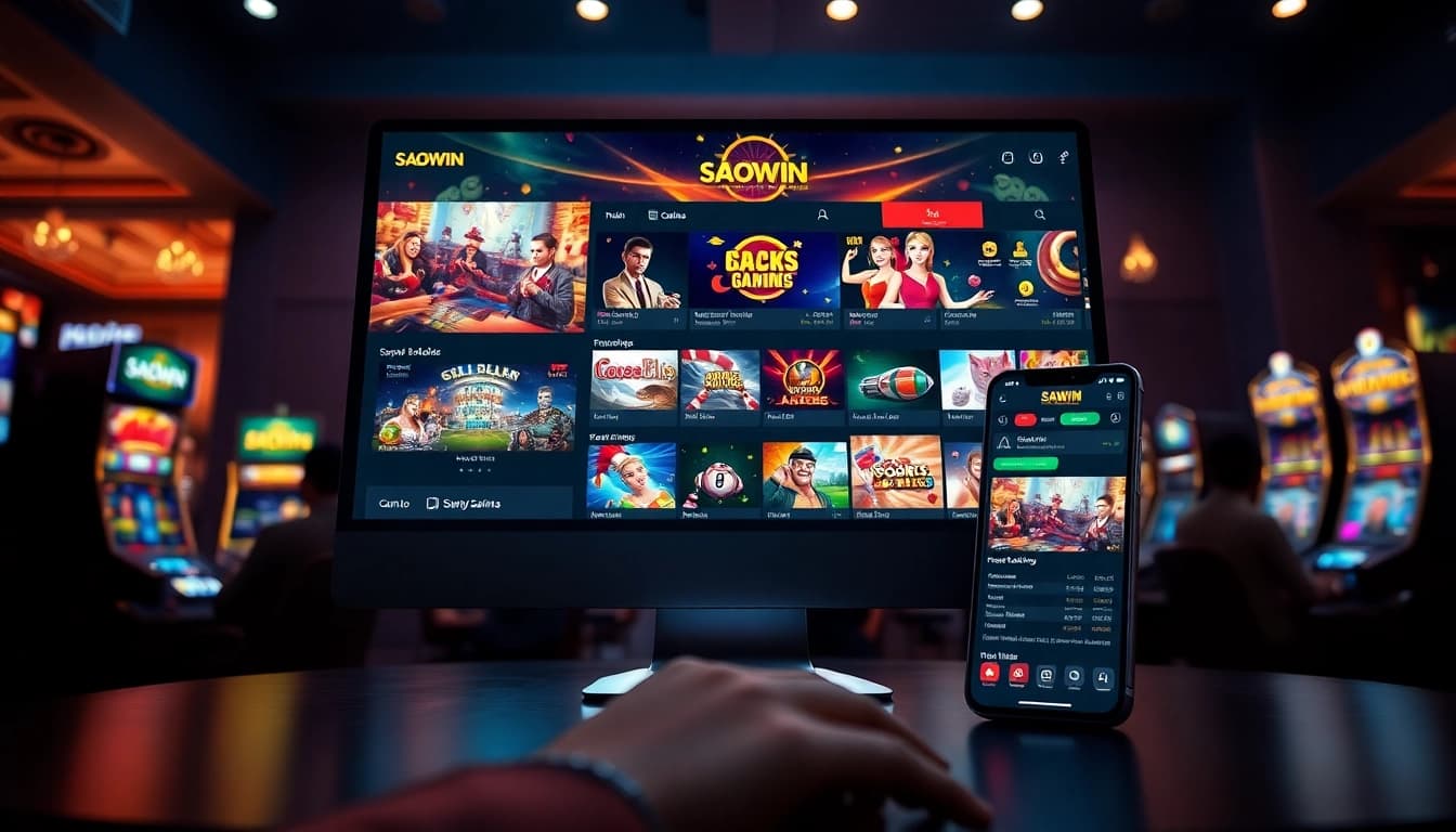 Giao diện nền tảng SAOWIN hiển thị các trò chơi casino trực tuyến và cá cược trực tiếp.