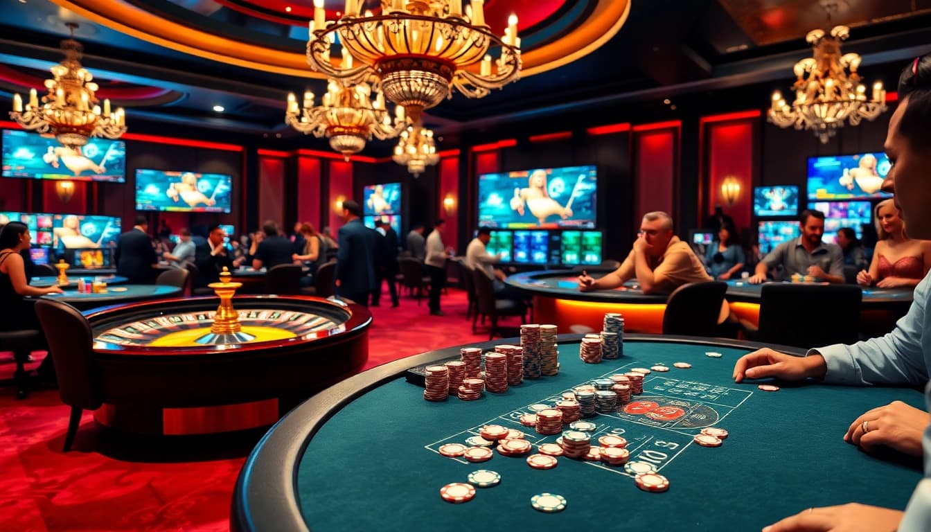 Jeu de poker excitant sur un site de casino en ligne avec des jetons et cartes vibrants.