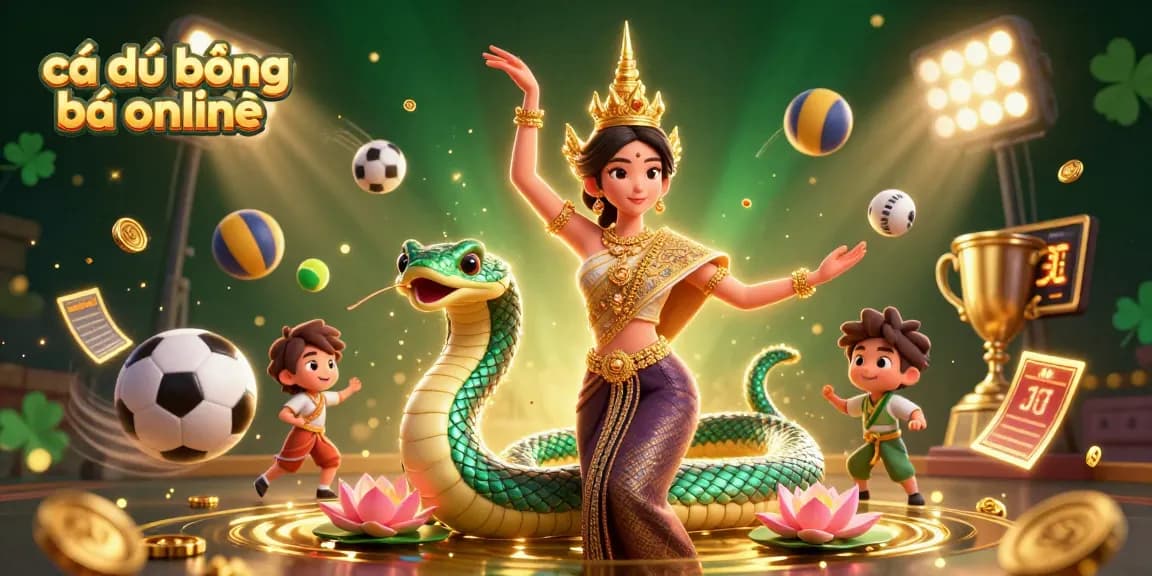 Cá độ bóng đá online elevated with dynamic sports balls, trophies, and betting slips in an engaging 3D scene.