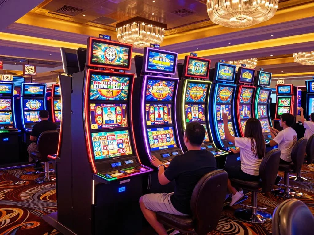 Players celebrating a win on situs slot gacor machines in a vibrant casino setting.