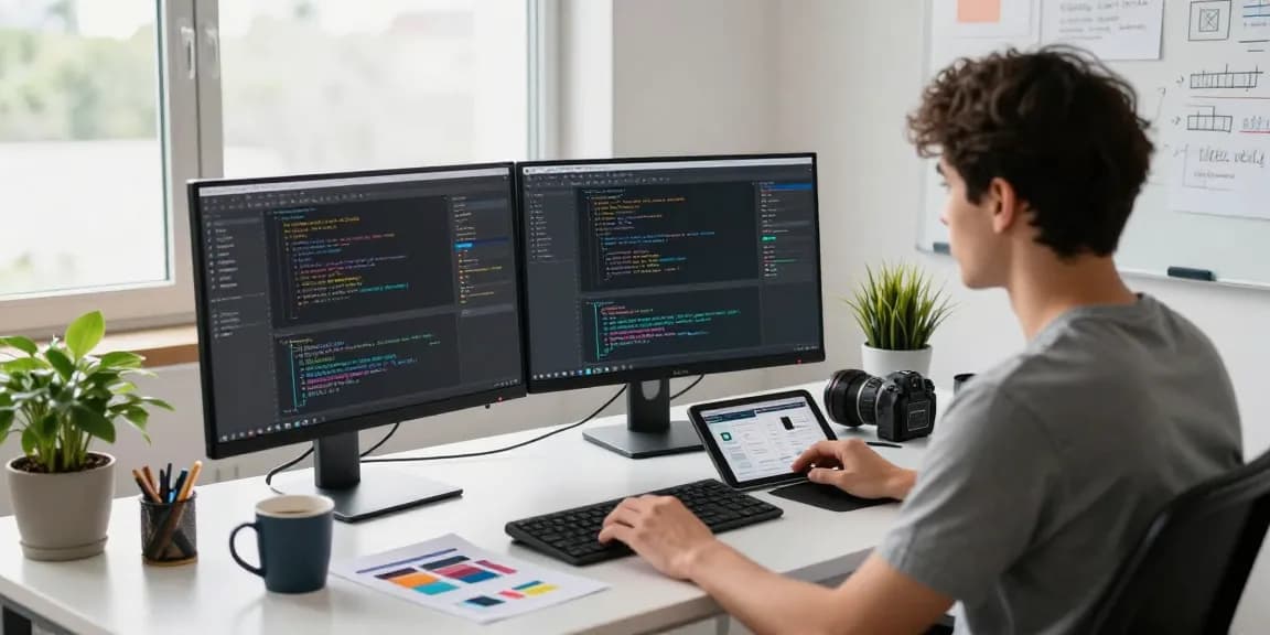 Developer using Snipaste in a modern workspace with dual monitors and coding elements.