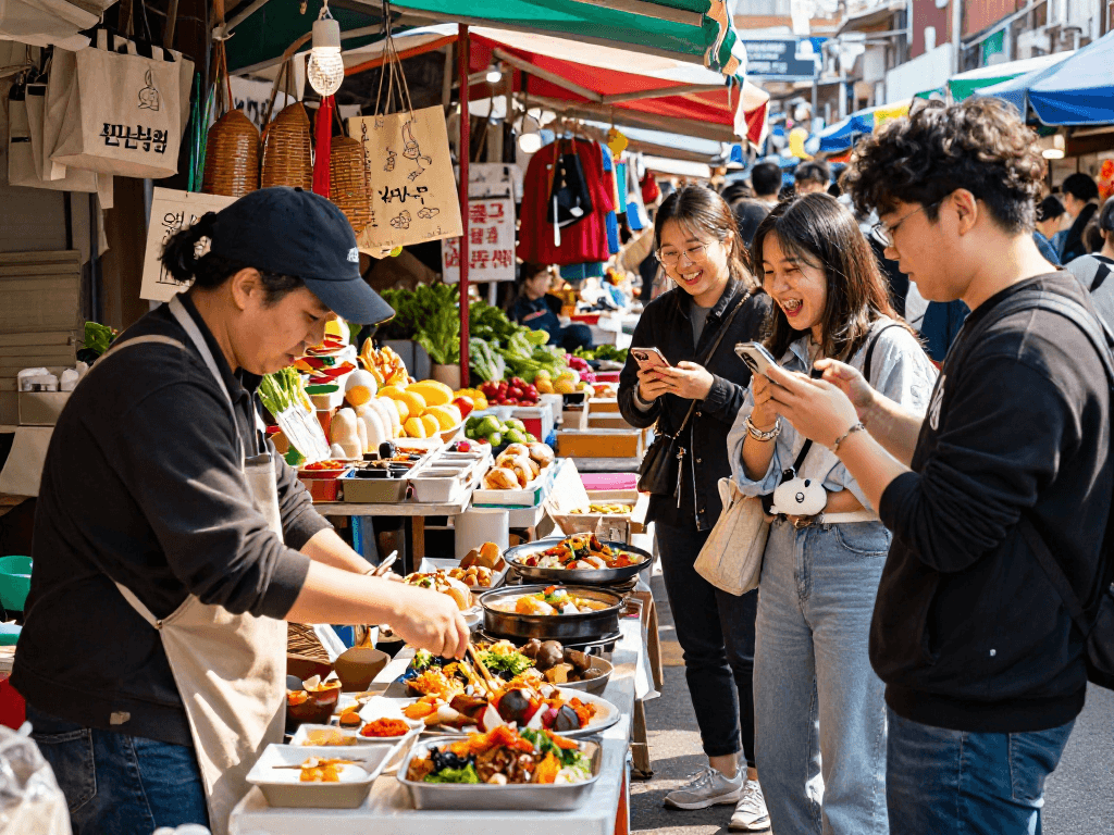 강남 달토, 활기찬 시장에서 친구들과 함께 음식을 즐기는 모습