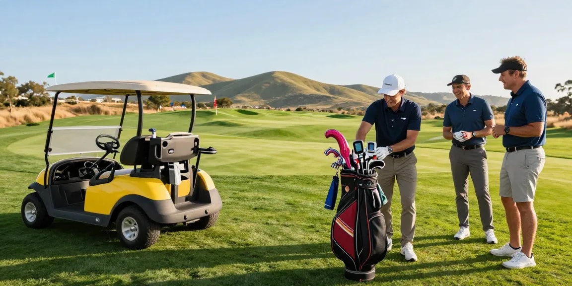 Golf cart accessories displayed in use on a vibrant golf course, showcasing personalized gear.