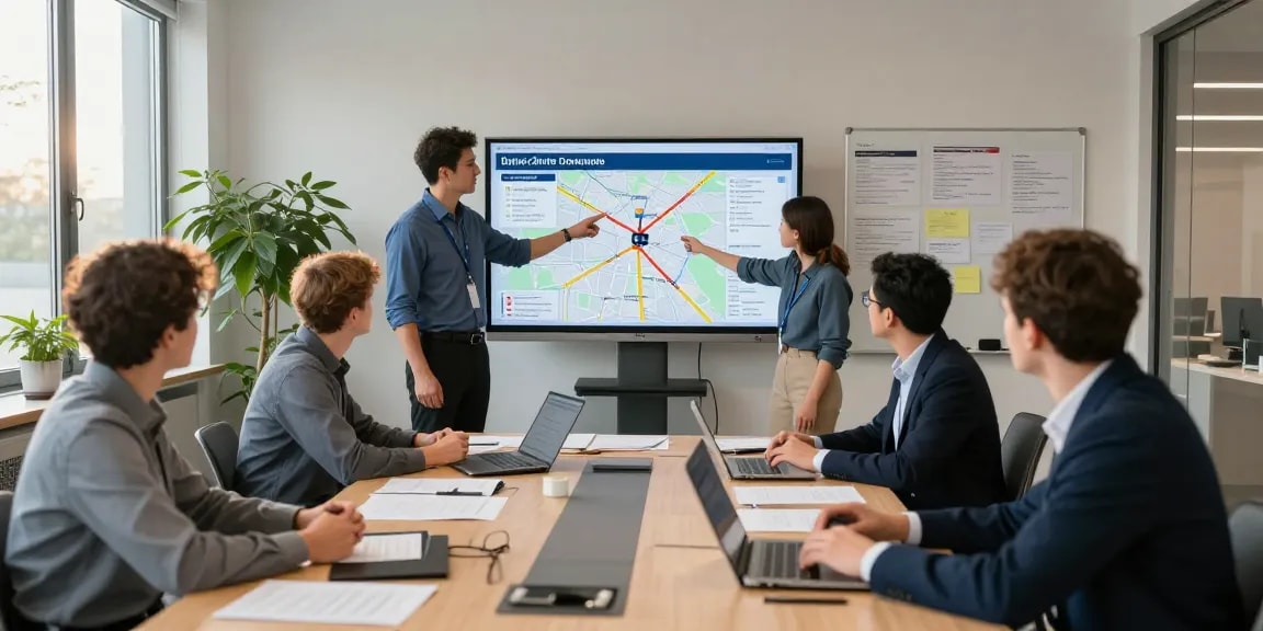Batterie Transport Dortmund: Teams arbeiten in einem modernen Büro zusammen, um Transportrichtlinien zu besprechen.