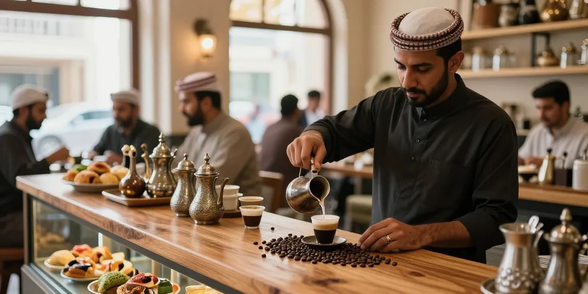 قهوجي الرياض يحضر القهوة التقليدية في مقهى بالرياض مع المعجنات اللذيذة.