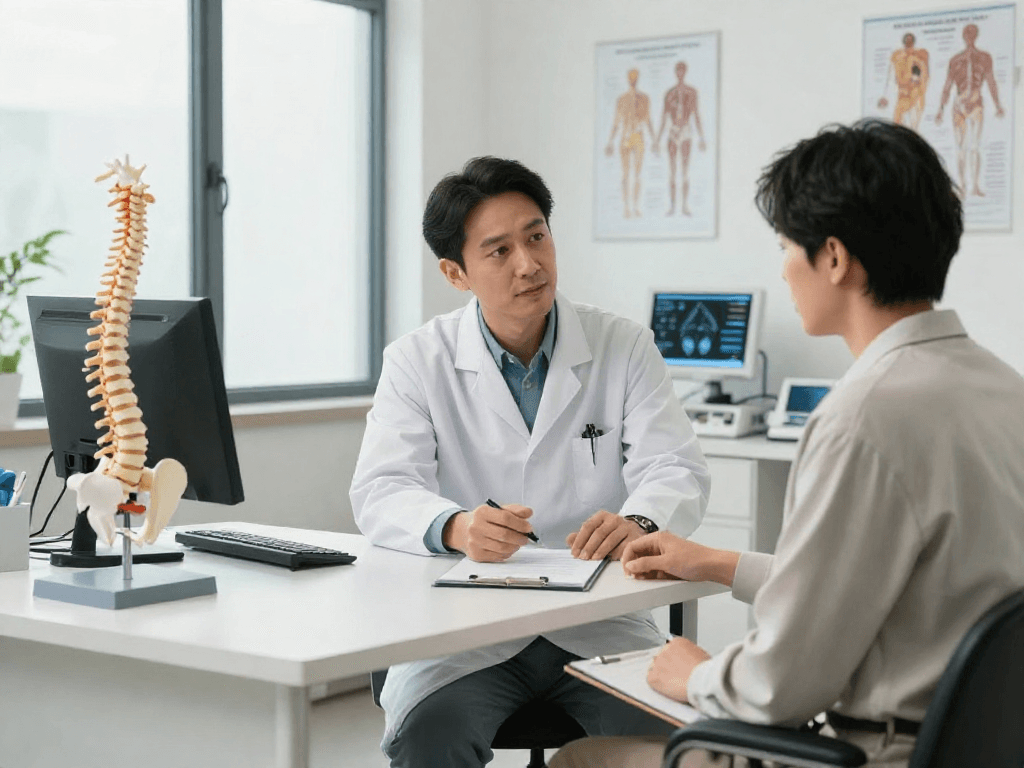 Bel fıtığı ameliyatı consultation with a neurosurgeon discussing treatment options in a modern medical office.