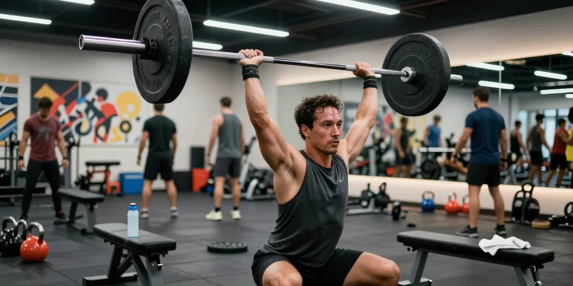 Dynamic workout scene at Unique Pharma Steroid Shop gym, showcasing a dedicated athlete lifting weights surrounded by fitness equipment.