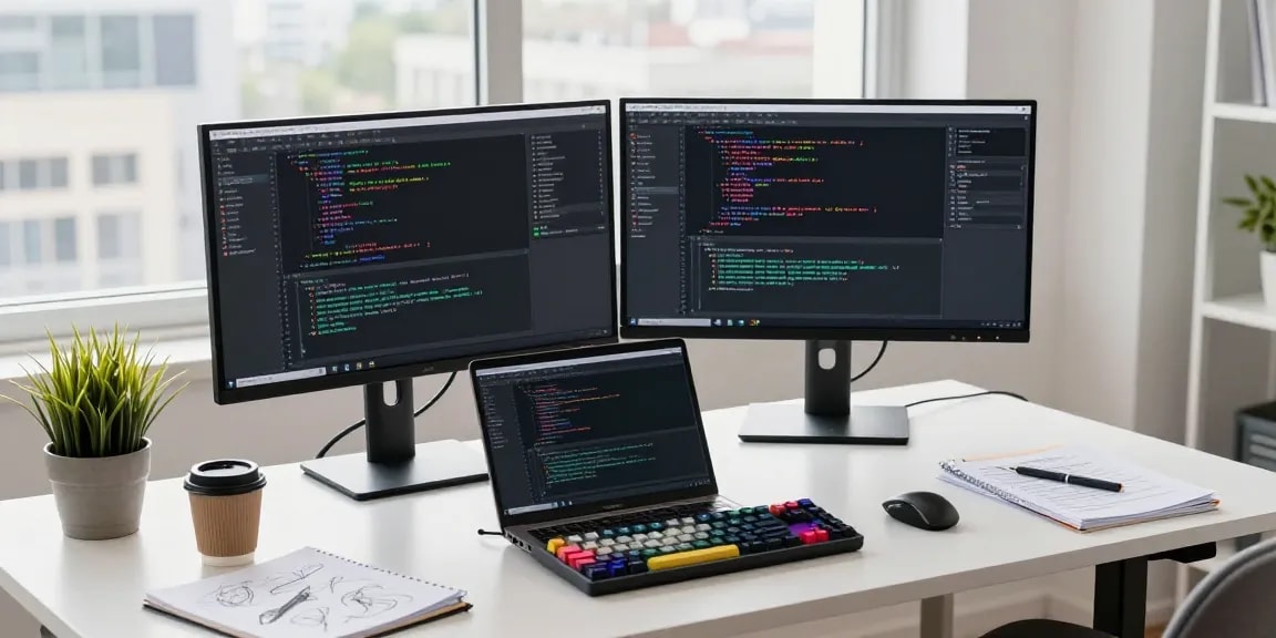 Focused developer coding while using telegram中文版下载 in a bright tech workspace.