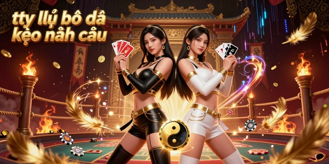 Bet on tỷ lệ bóng đá kèo nhà cái with dynamic visuals of dual powerful Asian women in a vibrant casino setting.