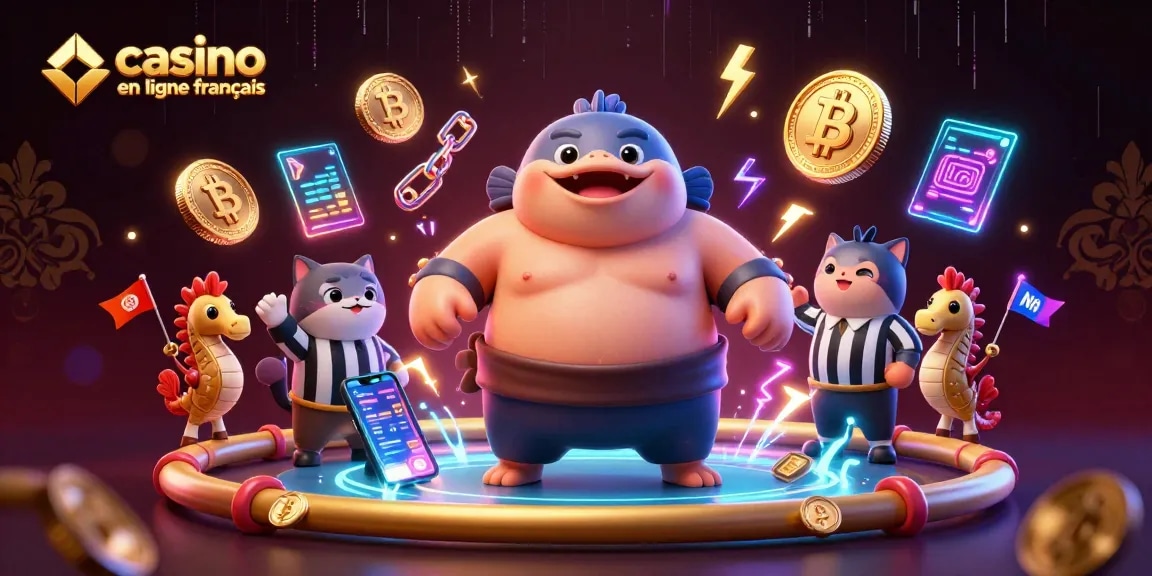 Illustration dynamique sur le thème du casino en ligne français, mettant en scène un fugu sumo entouré de pièces de cryptomonnaies.