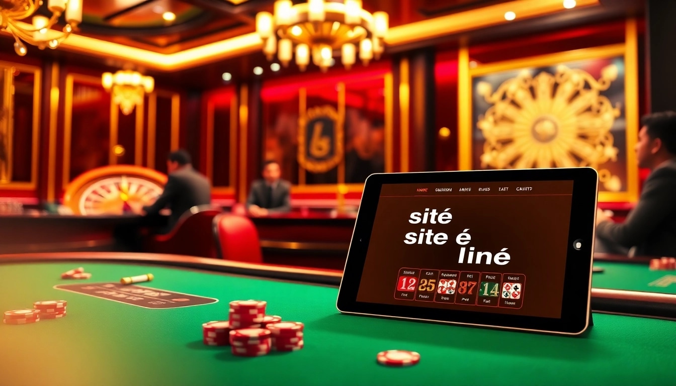 Découvrez l'excitation d'un site de casino en ligne avec des tables vibrantes, des jetons de poker et une atmosphère de jeu engageante.