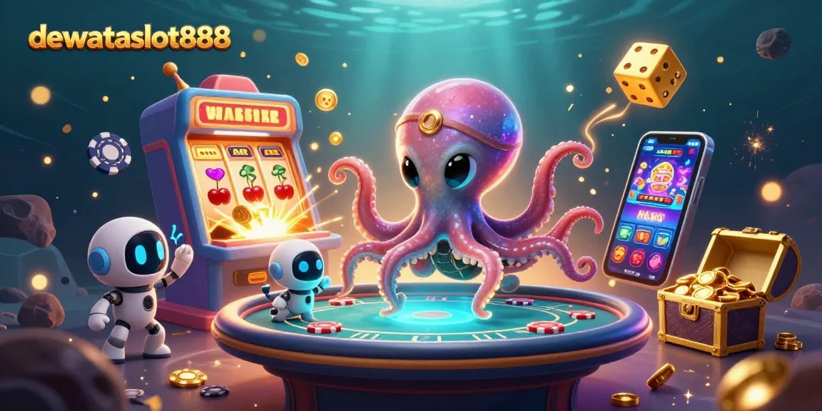 Menggenggam jackpot di dewataslot888, makhluk luar angkasa dan robot bermain di meja poker holografik.
