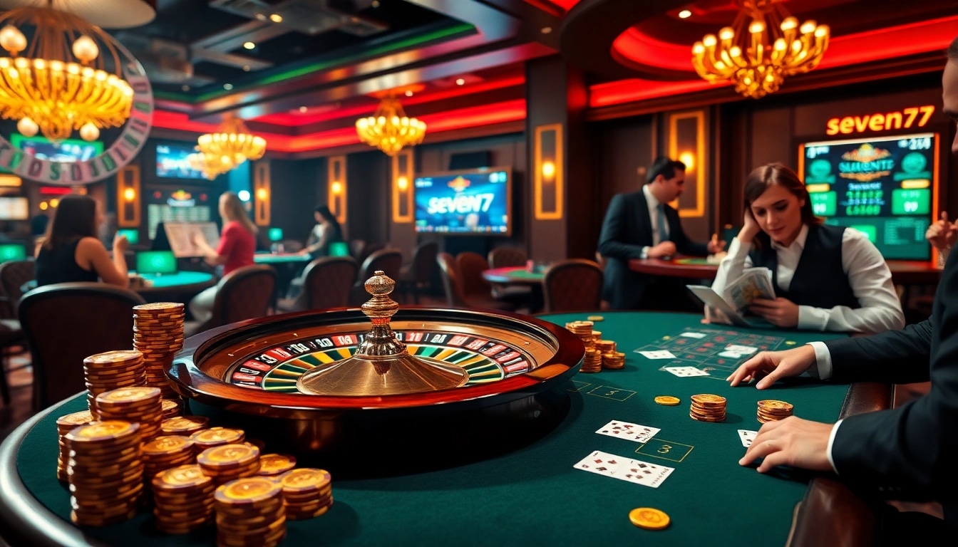 Experience the thrill of seven77 as players engage around a luxurious casino table with chips and cards.