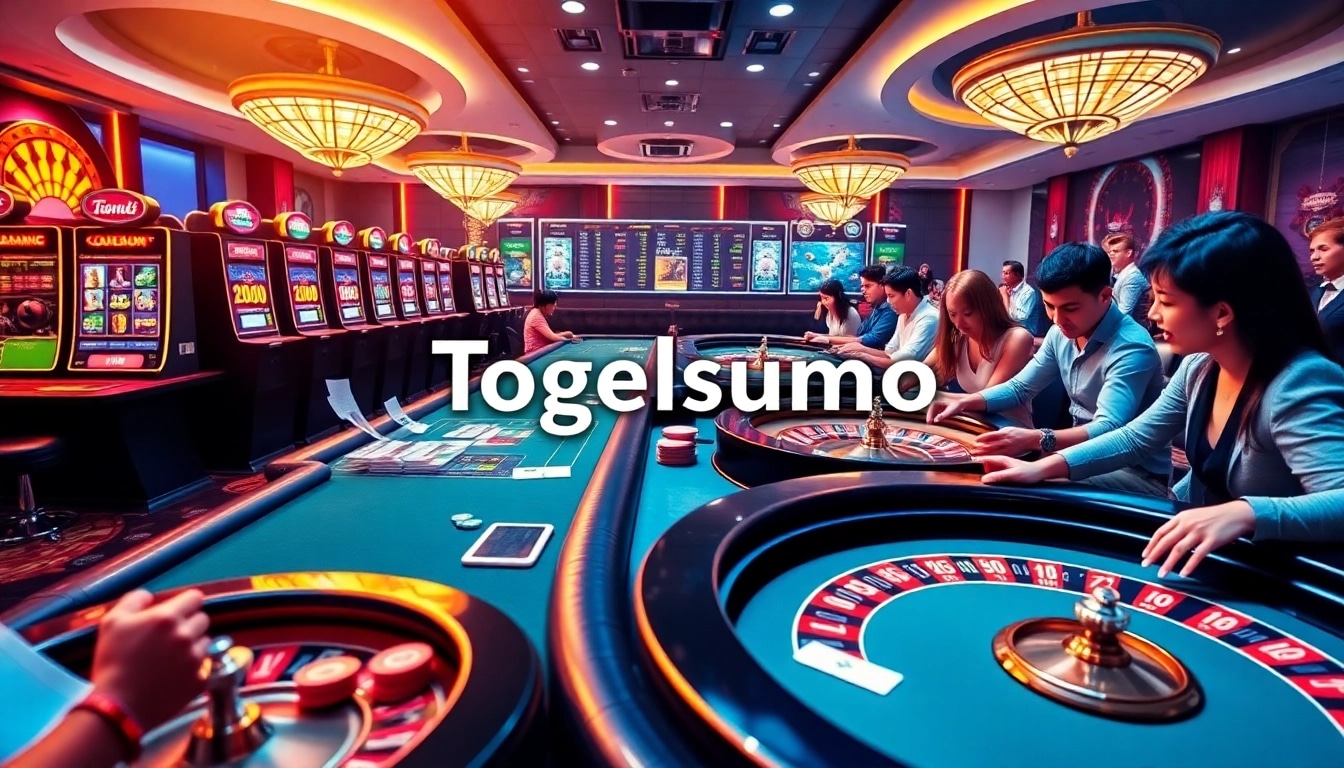 Antarmuka kasino online Togelsumo dengan mesin slot berwarna-warni dan meja poker yang menampilkan momen kemenangan.