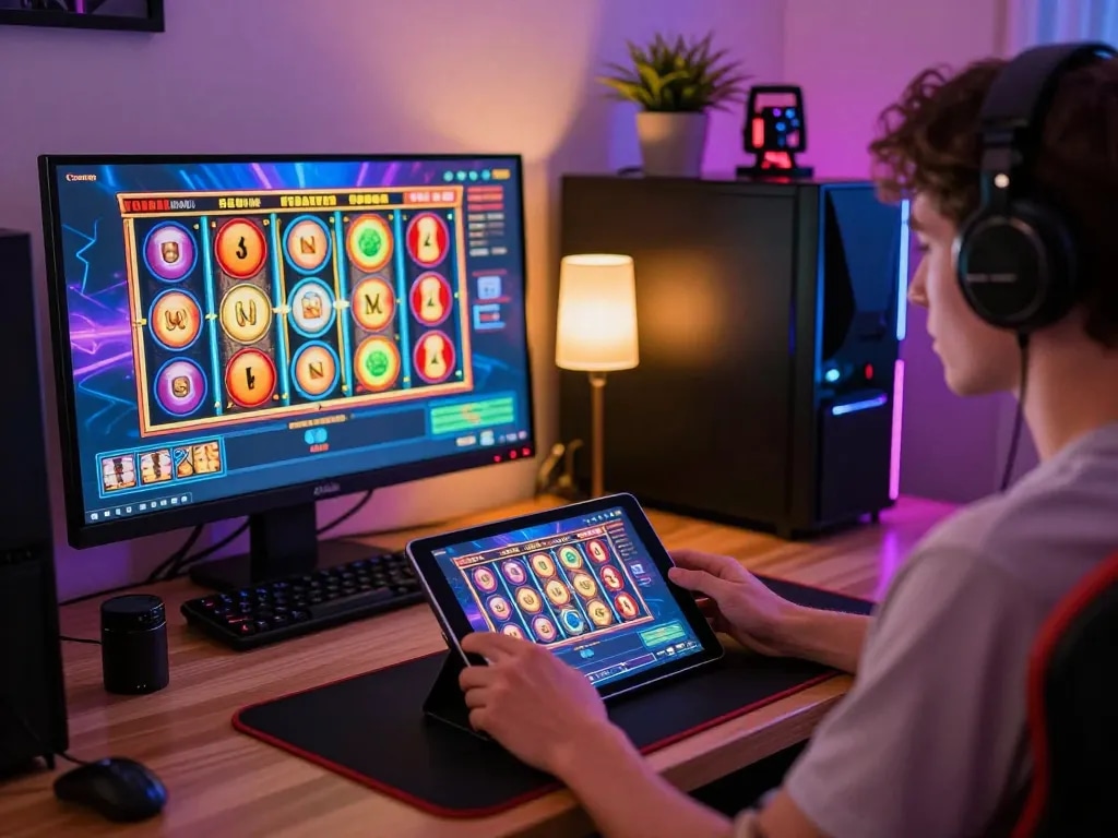 FAFA 828 player enjoying vibrant slot games on tablet, showcasing online casino excitement