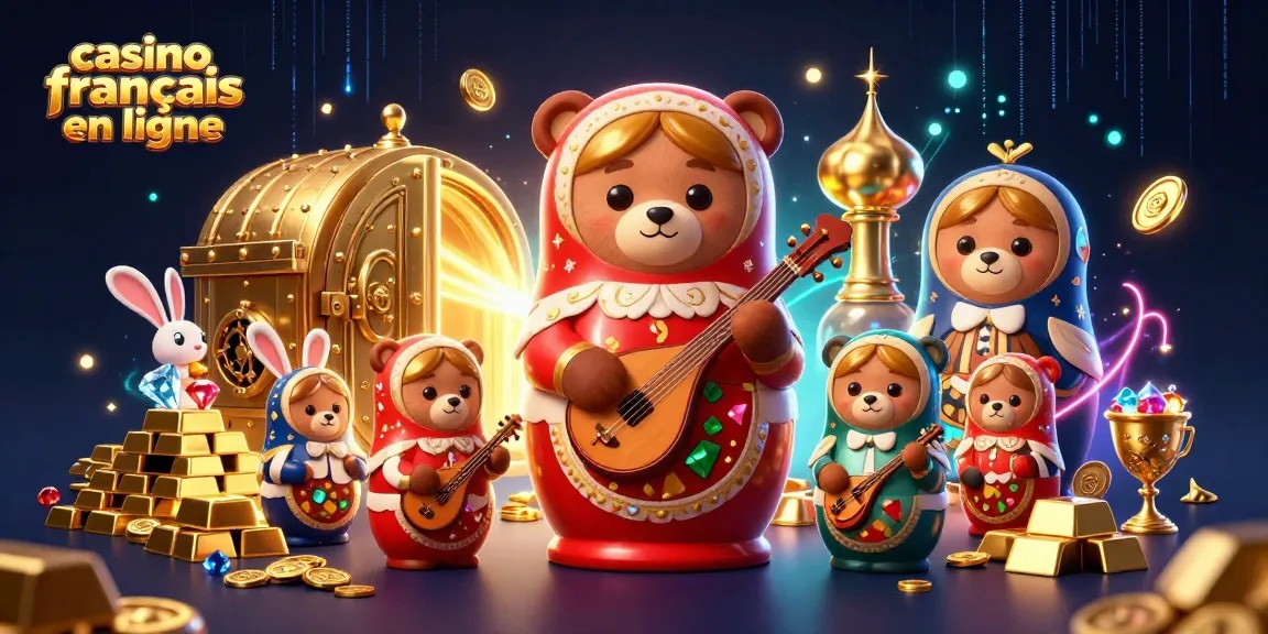 Expérimentez un casino français en ligne animé avec une ourse Matryoshka dévoilant des ours en tenues de croupiers.