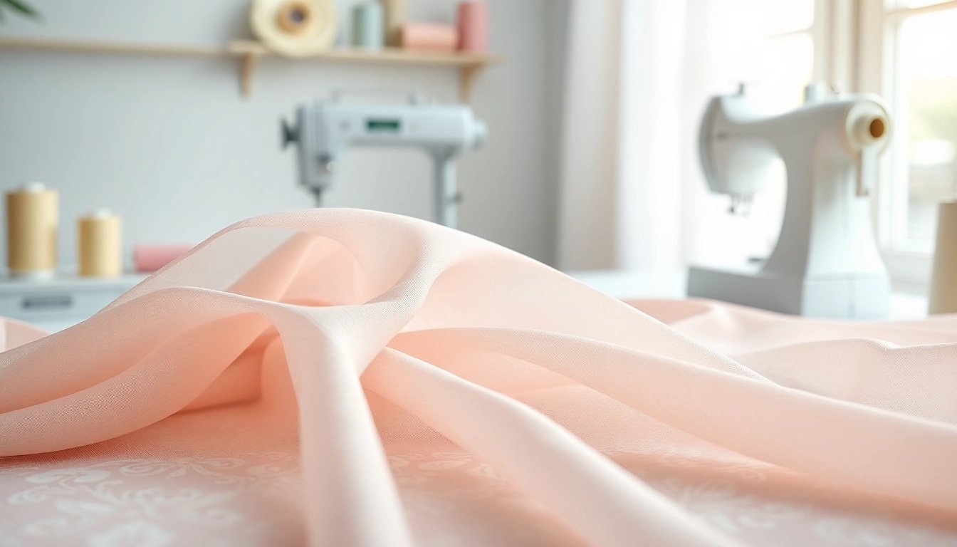 Mousseline stof met unieke patronen op een naai-tafel in een helder atelier.