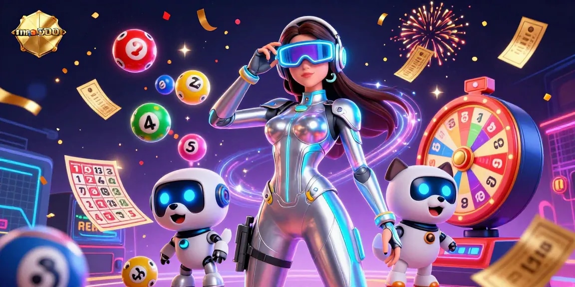 Engage with mpo500 through this vibrant 3D casino illustration showcasing dynamic lottery elements.